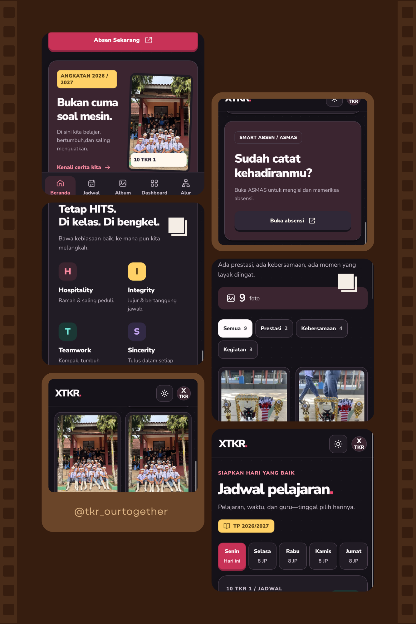 Kolase tampilan web XTKR: beranda 10 TKR 1, nilai HITS, absensi ASMAS, album kelas, dan jadwal pelajaran.